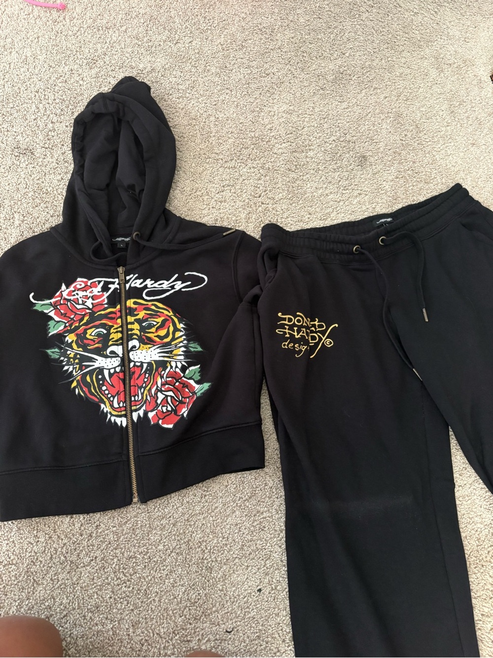 Ed Hardy Kids Black Sweatpants & Hoodie Set with Tiger and Rose Graphic